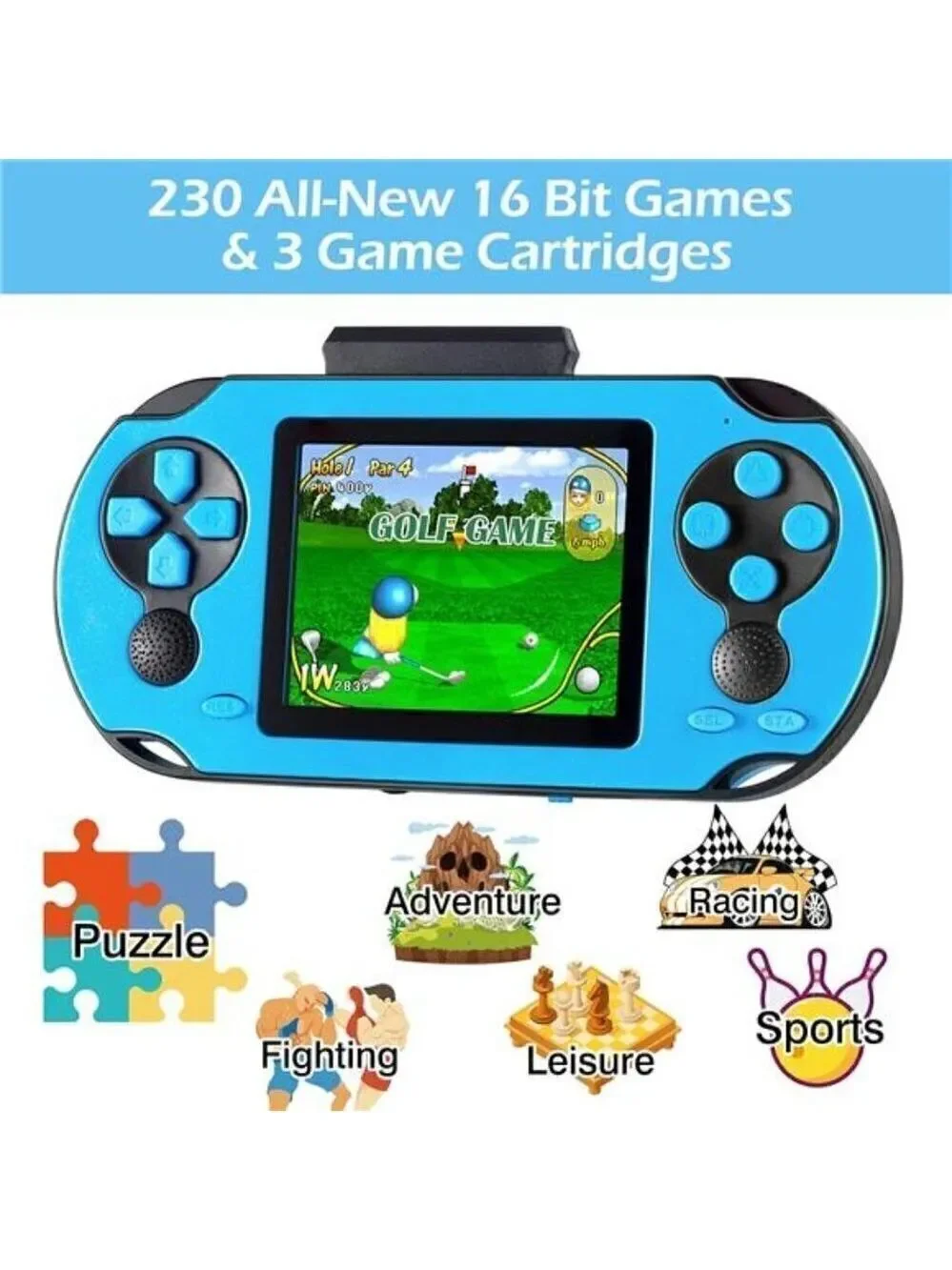 16 Bit Handheld 230 Games Console System Kids Adults, 3.0'' Large Screen HD BLUE